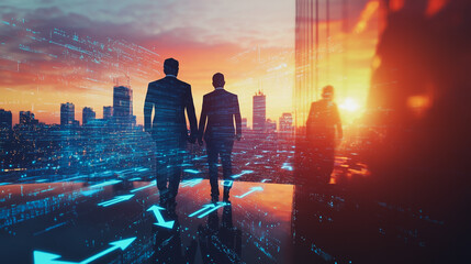 abstract professional business team people connection of line from nail node to node on Smart digital cityscap and skyline background , Innovation networking concept