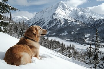 Proud dog sitting in the grass in a field of olive trees, Malinois Labrador mixed-breed dog, Spain. Beautiful simple AI generated image