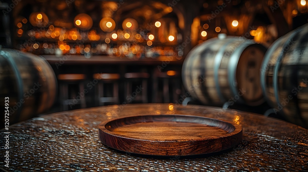 Aufkleber Rustic wooden plate placed on a textured table in the foreground with a cozy countryside bar featuring barrels and dim lighting in the background creating a moody and inviting atmosphere