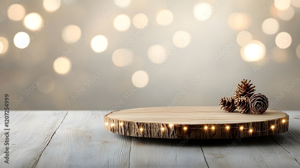Poster Rustic wooden plate positioned at the side with a glowing bokeh effect creating a natural and cozy atmosphere for product photography ideal for showcasing holiday gift or home decor items