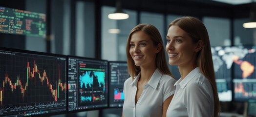 A cheerful businesswoman working with colleagues in a sleek office environment, editing and visualizing stock exchange interfaces and charts using advanced VFX holograms