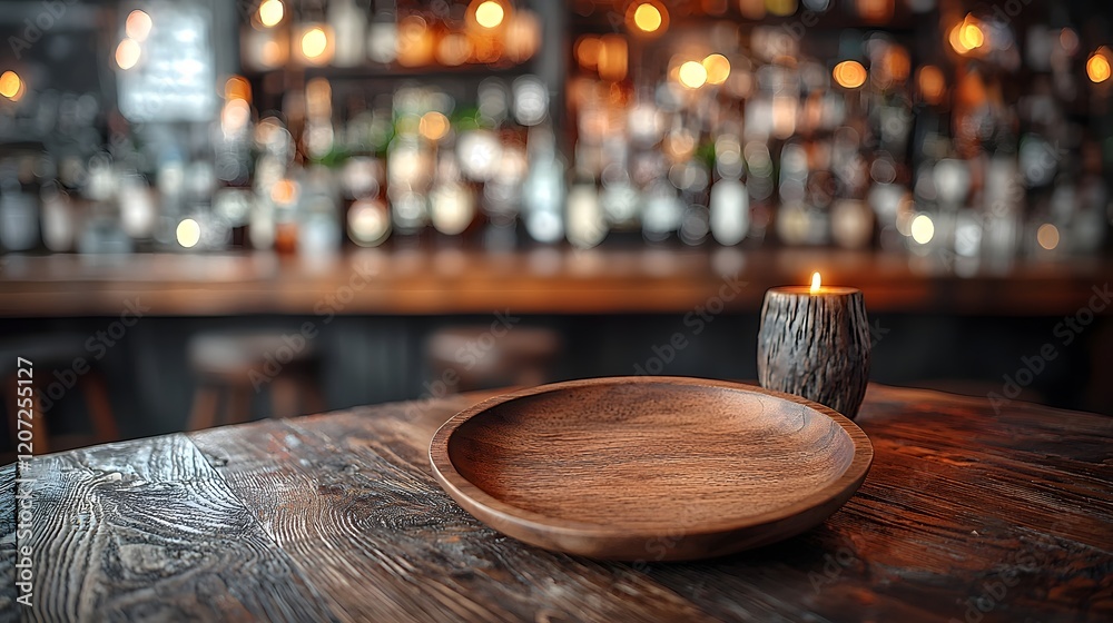 Leinwandbilder rustic wooden plate resting on a textured table surrounded by a dreamy soft bokeh glow in the backgr