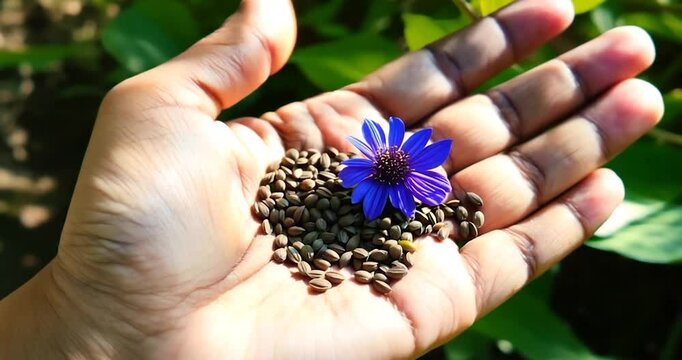 A hand gently holding black cumin seeds and a blue sockets flower in a natural setting, with green leaves and soft sunlight enhancing the earthy, botanical mood.