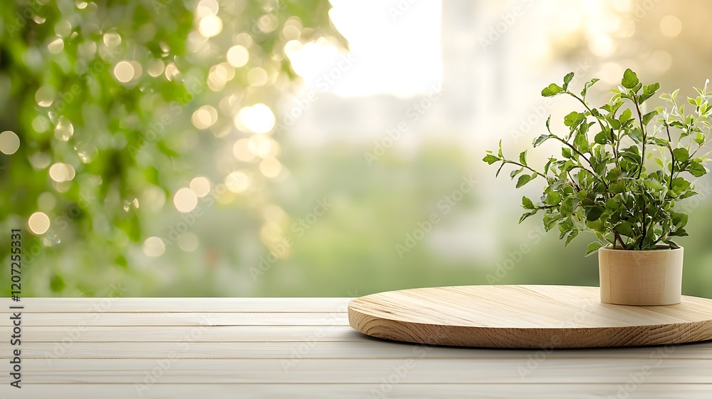 Poster Rustic wooden plate used as a side background surrounded by a warm blurred bokeh glow creating a cozy and tranquil atmosphere for food photography or product shots