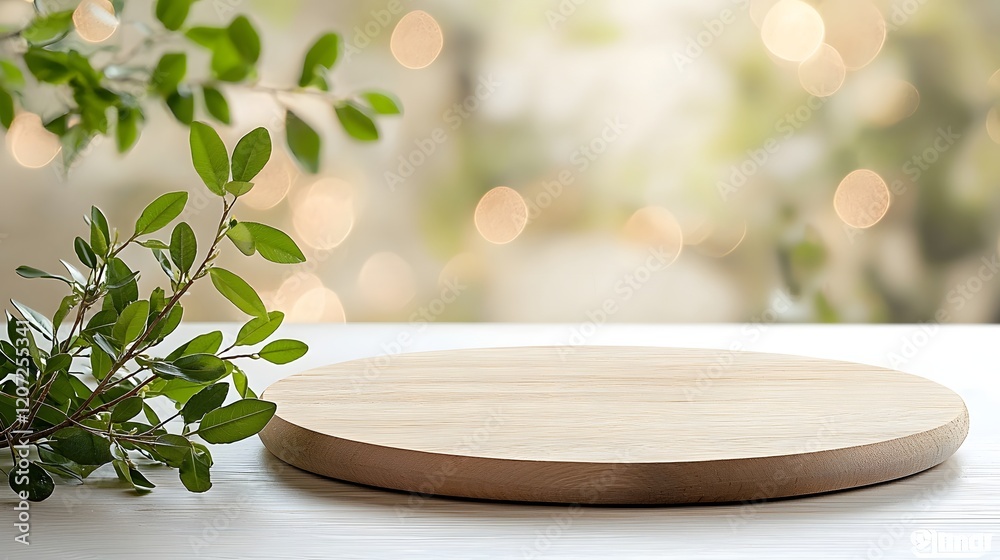 Poster rustic wooden plate used as a side background surrounded by a warm bokeh glow creating a cozy and el
