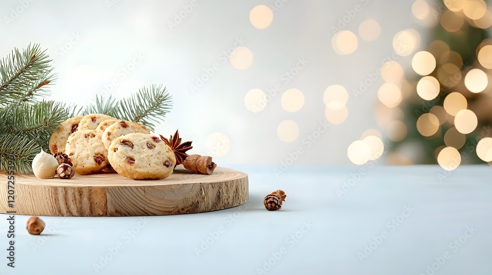 Fototapete Rustic wooden plate used as a side background surrounded by a warm glowing bokeh effect creating a cozy and festive atmosphere for food photography or holiday table setting