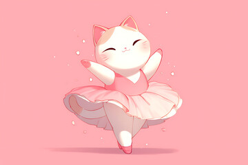 Cute animated cat character dancing gracefully in a pink ballet outfit against a soft pink background
