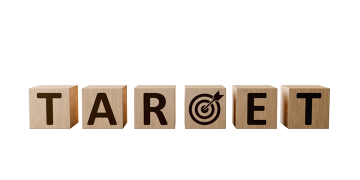 Target Focused: Wooden blocks spell out the word "TARGET", with one block featuring a bullseye icon. A powerful visual metaphor for achieving goals and aspirations.