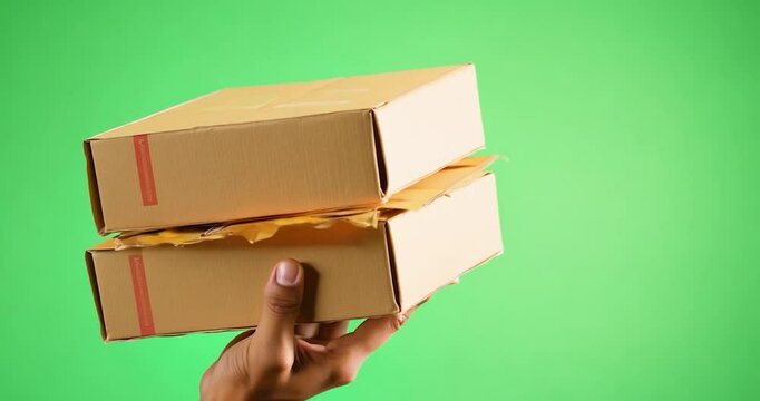 A hand carries three stacked pizza boxes in a casual pose, the green backdrop giving the image a vibrant and fresh feel