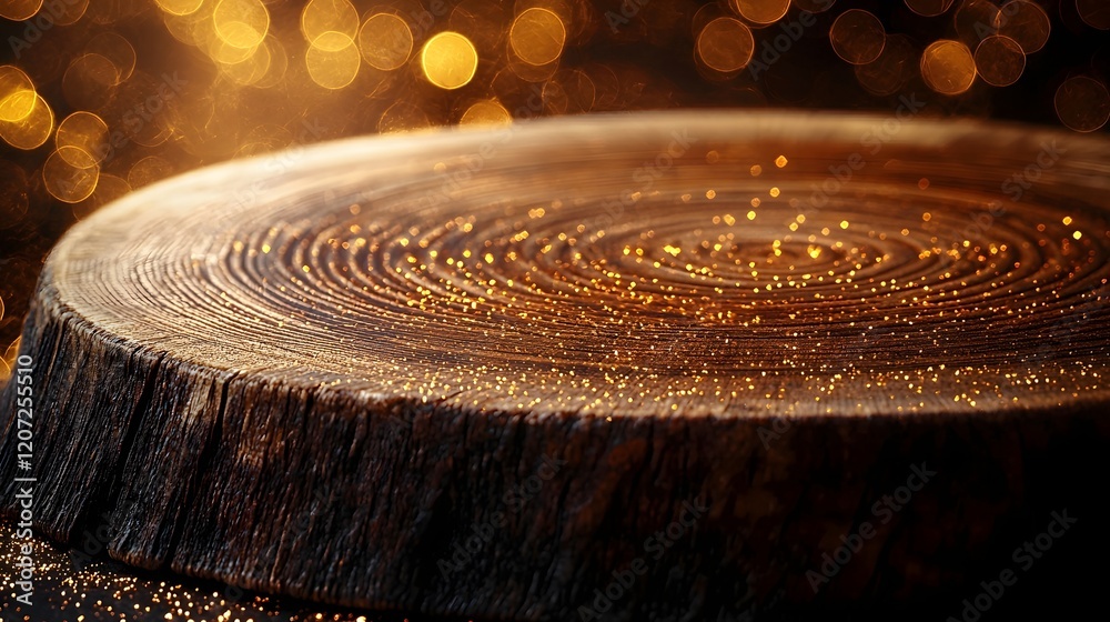 Poster rustic wooden plate with a natural finish and warm cozy golden bokeh glow creating a serene and eleg