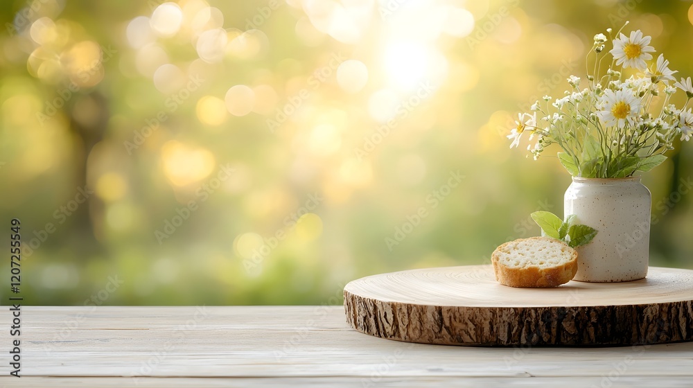 Poster rustic wooden plate with a natural finish placed against a side background featuring a cozy golden b