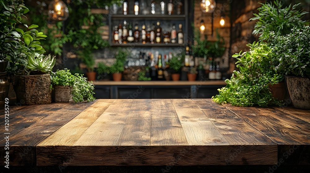 Poster rustic wooden table board in the foreground of a cozy inviting countryside bar setting with a warm n