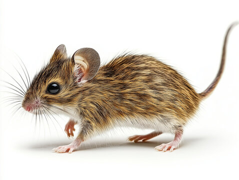 Striped Field Mouse (Apodemus agrarius) - A biologically accurate hand-drawn depiction featuring its distinctive dorsal stripe, soft fur, and long tail, isolated on white