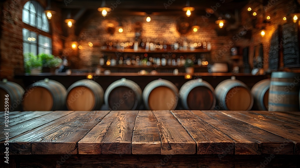 Poster rustic wooden table in the foreground of a cozy countryside bar surrounded by wooden barrels and war