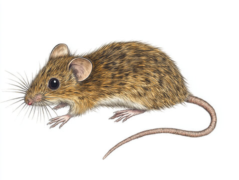 Wood Mouse (Apodemus sylvaticus) - A detailed hand-drawn depiction of a Wood Mouse, with its large eyes, long tail, and soft brown fur, isolated on white