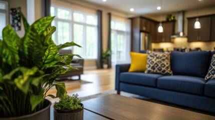 A cozy living room features a vibrant blue couch paired with a lush potted plant, creating a serene and inviting atmosphere for relaxation.