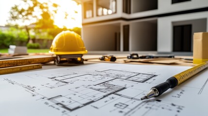 A detailed close-up of a building's facade, accompanied by a construction plan and a precise ruler, showcasing architectural elegance and meticulous planning.