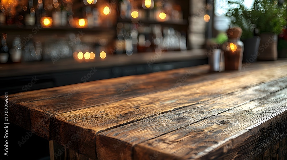 Poster rustic wooden table in the foreground of a warm cozy countryside bar scene with blurred background e
