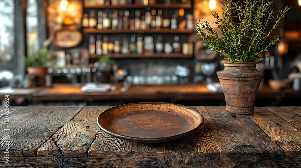 Fototapete Rustic wooden table with a plate in the foreground set against a warm and inviting countryside bar backdrop with natural textures and soft lighting creating a cozy and elegant ambiance