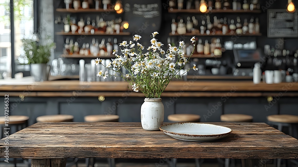 Aufkleber Rustic wooden table with a plate in the foreground set against a weathered bar background creating a cozy and elegant display for a restaurant cafe or home interior