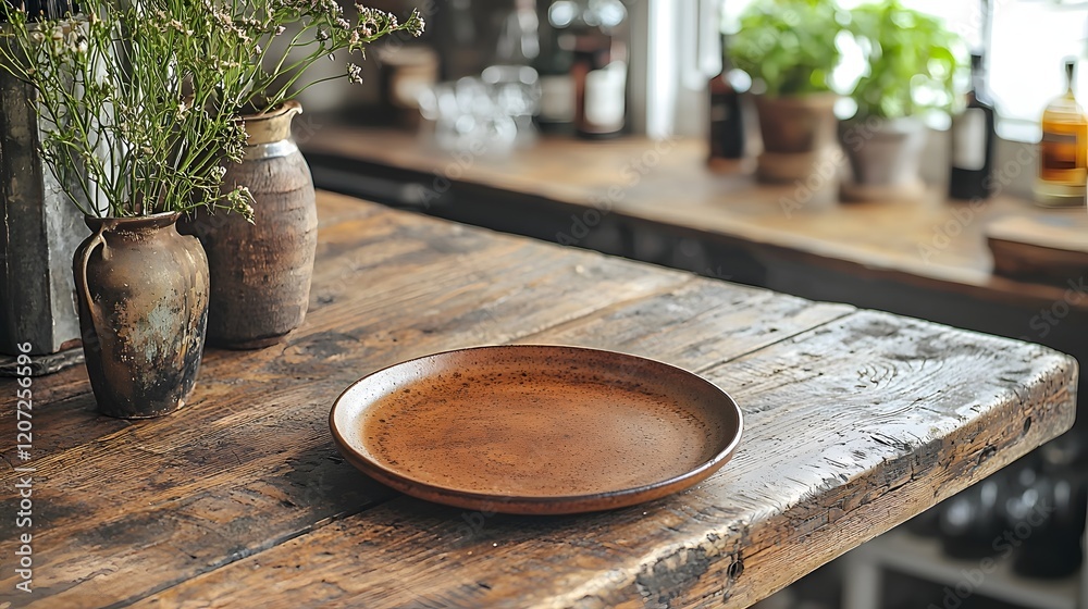 Fototapete Rustic wooden table with a plate in the foreground set against a weathered bar background creating a cozy and inviting display for a rustic or farmhouse style interior design