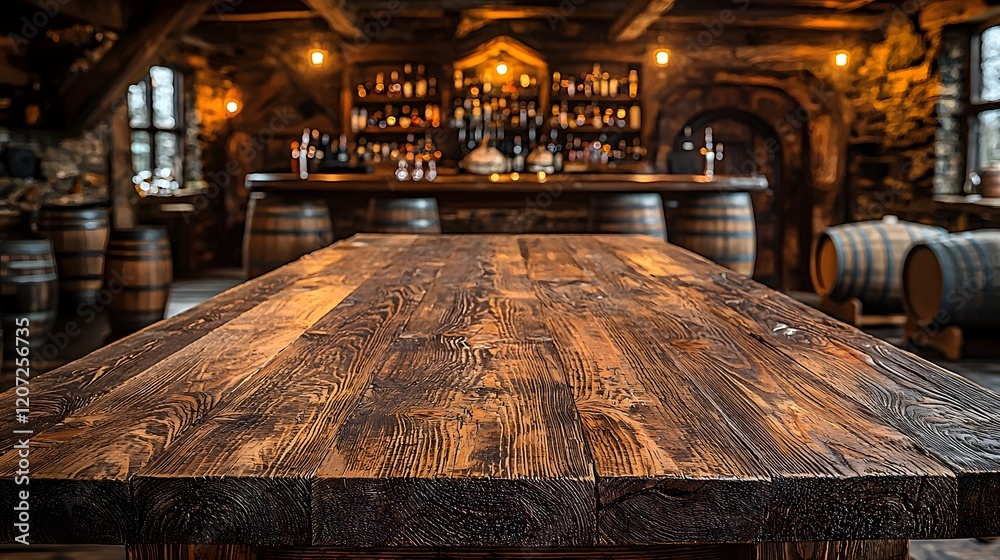 Poster Rustic wooden table with visible grain texture set against a dimly lit countryside bar background featuring old wooden barrels and low lighting creating a cozy and vintage atmosphere