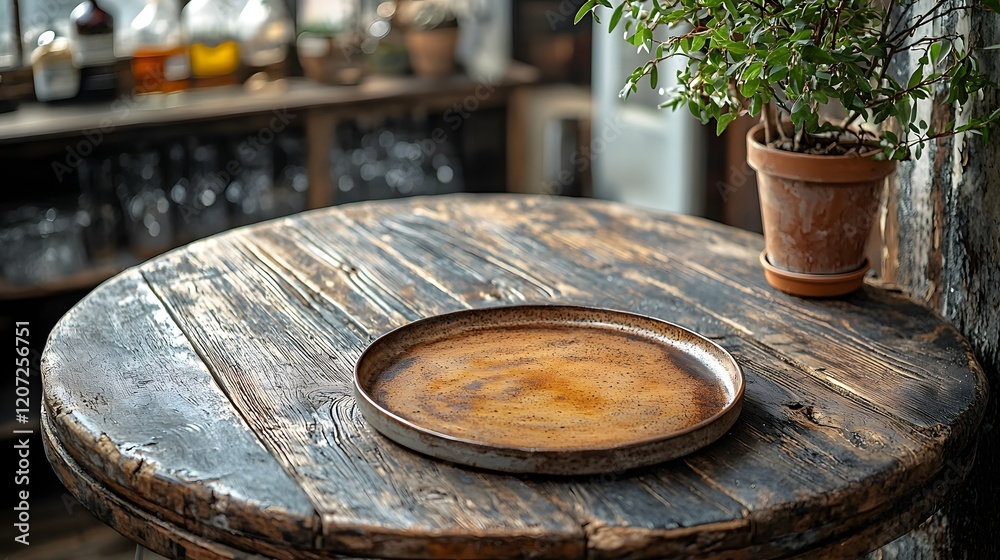 Poster rustic wooden table with weathered plate in the foreground cozy bar or cafe background perfect for c
