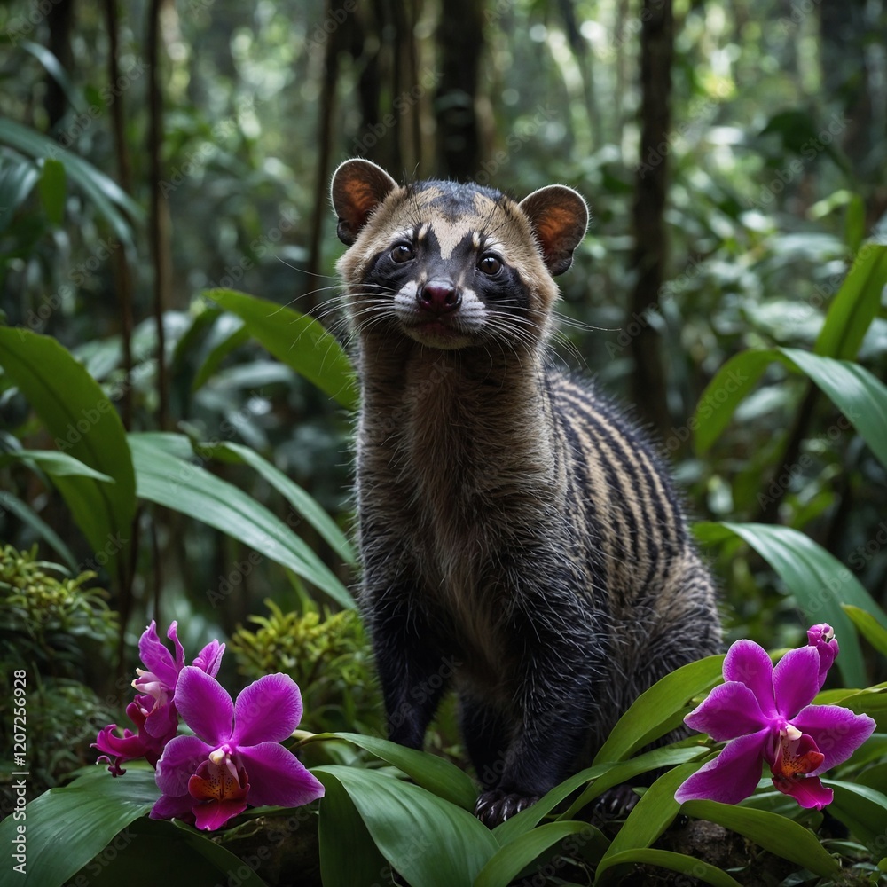 Wall mural A civet surrounded by bright orchids in a lush rainforest setting.