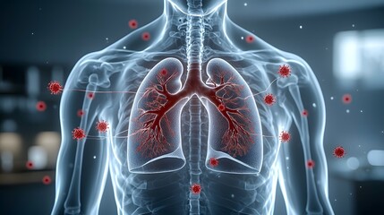 Scientific X Ray Visualization of Viral Spread in the Human Body with Red Particles Infecting the Lungs and Floating Around the Figure