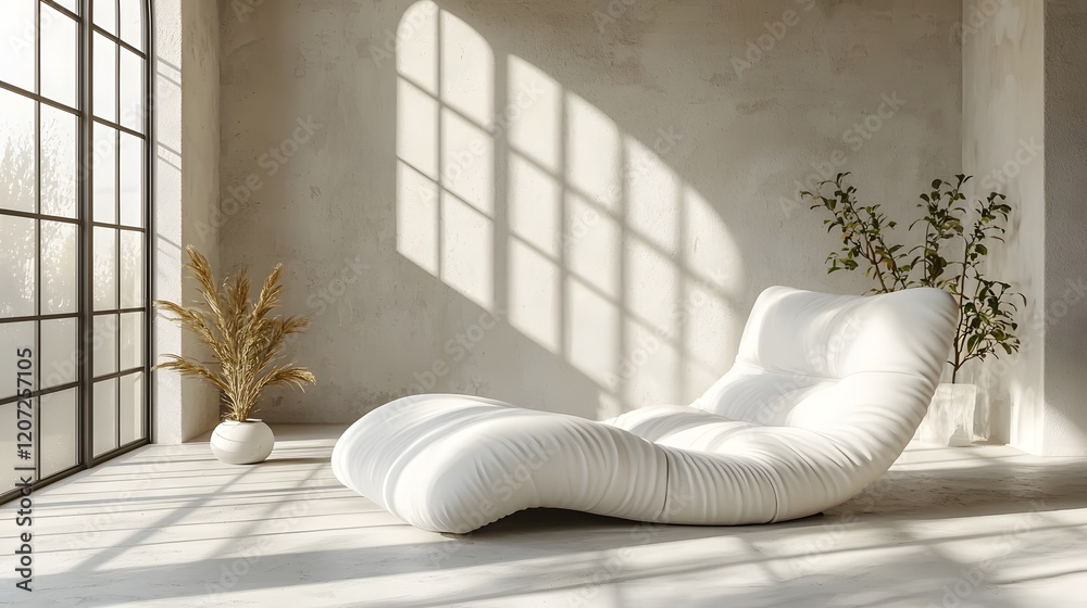 Poster Serene and elegant minimalist studio environment featuring a white sofa chair bathed in soft natural light creating subtle and sophisticated shadows for a calming and tranquil atmosphere