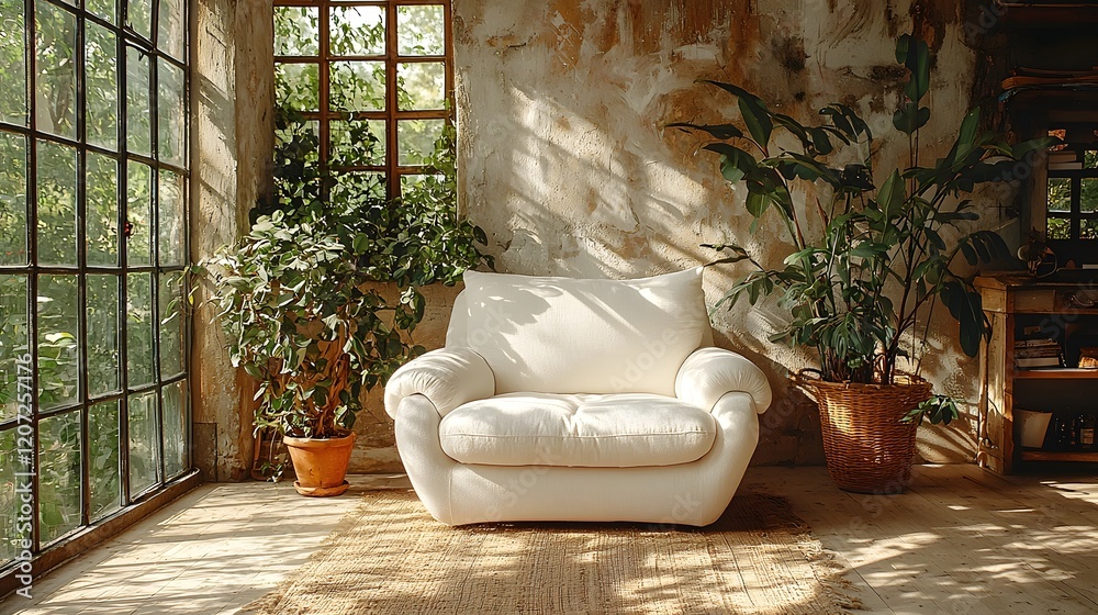 Poster serene and elegant studio environment featuring a plush white sofa chair with natural light streamin