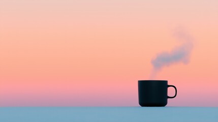 Black Mug with Steam on a Light Background