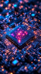 Macro shot of a glowing AI chip emitting colorful light beams, symbolizing advanced computing power. Designed for tech banners, AI events, and advertising campaigns.