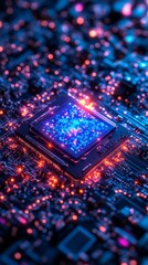 Macro shot of a glowing AI chip emitting colorful light beams, symbolizing advanced computing power. Designed for tech banners, AI events, and advertising campaigns.