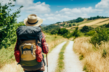 Lonely Pilgrim with backpack walking the Camino de Santiago, Way of St James