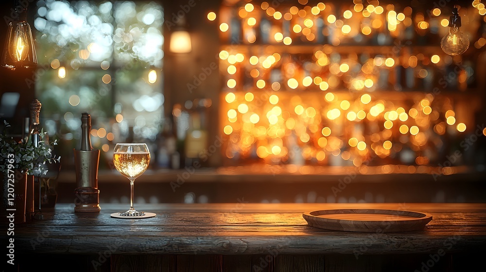 Aufkleber warm and cozy countryside bar interior featuring a wooden table with a plate illuminated by soft glo