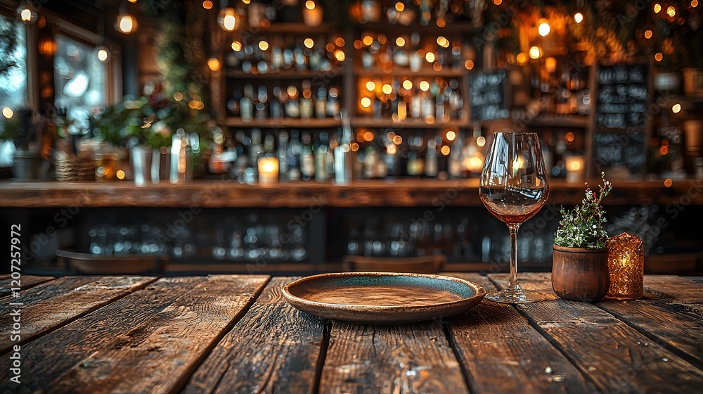 Aufkleber warm and cozy countryside bar backdrop with rustic wooden table setting featuring a vintage plate an