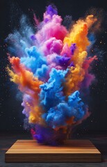 A colorful powder explosion on an isolated dark background, creating vibrant and dynamic visuals with the colors of blue, pink, 