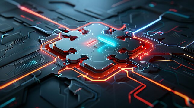 Puzzle piece fitting into circuit board, technology solution concept