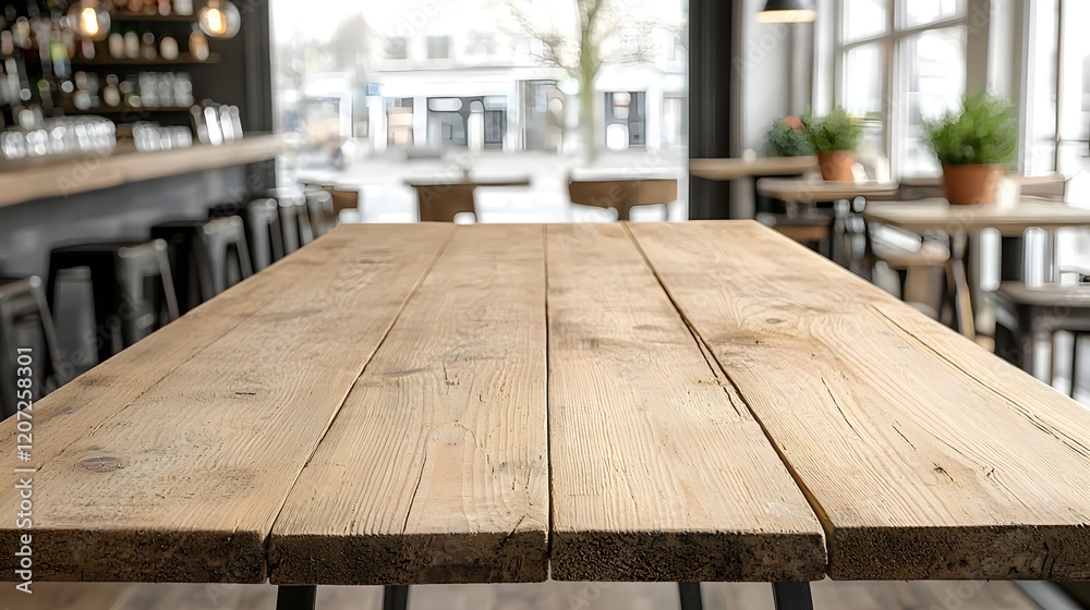 Aufkleber warm and cozy wooden table in a countryside bar or restaurant setting with a rustic vintage atmosphe