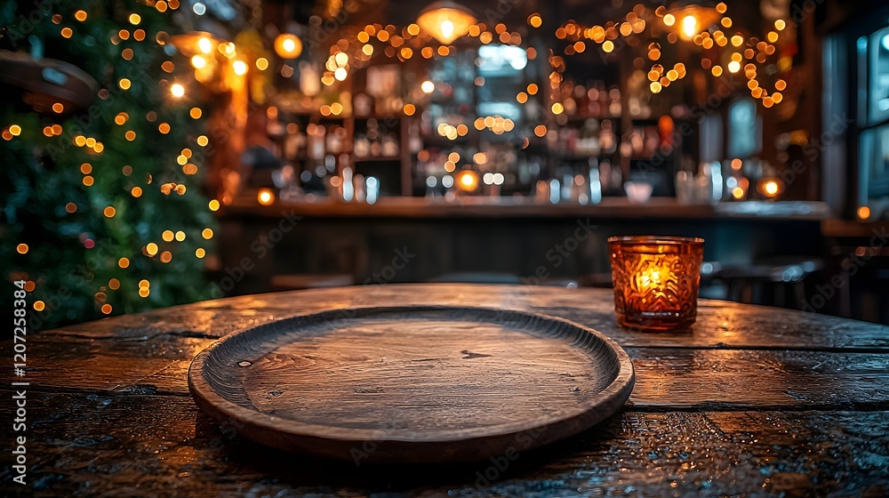 Fototapete warm and inviting atmosphere of a rustic bar scene with a wooden plate and table in the foreground s