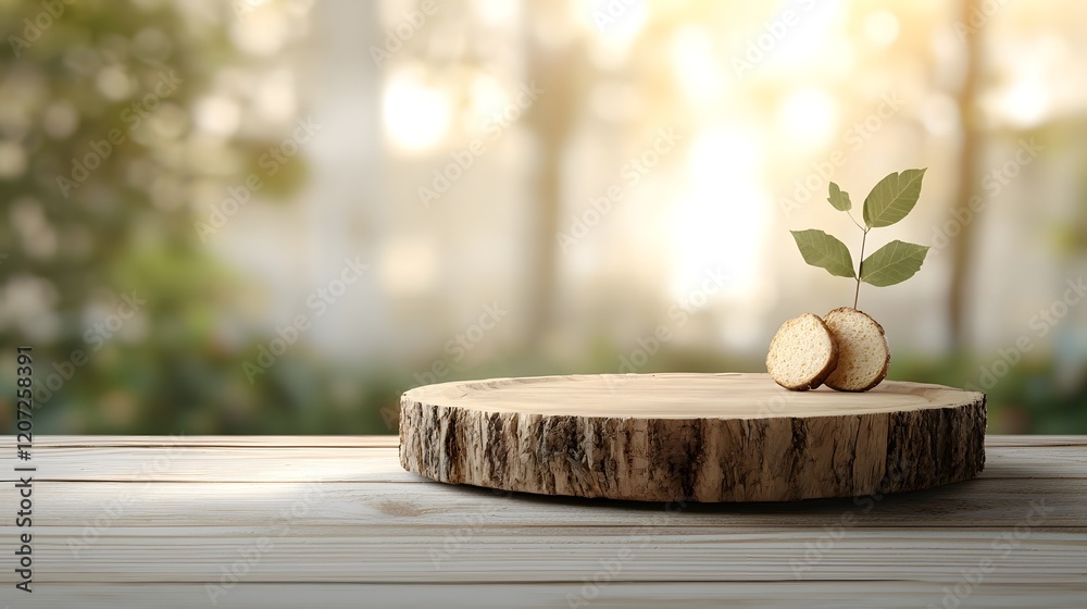 Poster warm and inviting bokeh glow surrounds a wooden plate with textured natural surfaces creating a sere