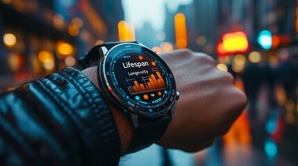 Smartwatch displaying lifespan data on a bustling urban street during twilight hours