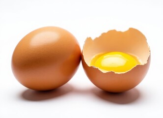 Two brown chicken eggs, one whole, one cracked open showing yolk