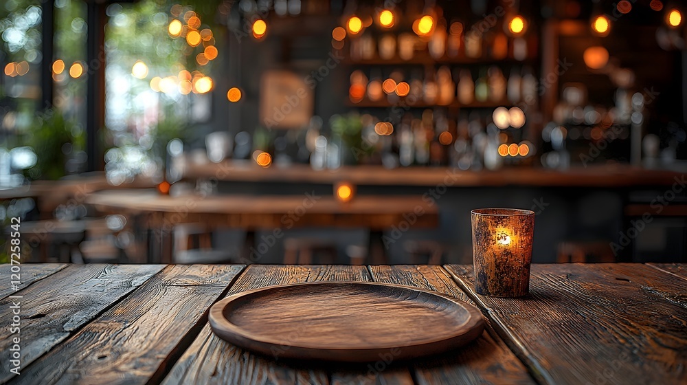 Aufkleber Warm and inviting countryside bar setting with a rustic wooden table plate and glowing bokeh lighting creating a cozy and relaxing atmosphere