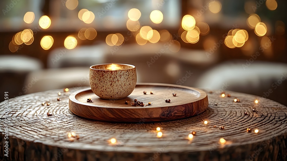 Leinwandbilder warm and inviting countryside bar setting with a wooden plate on a textured table surrounded by glow