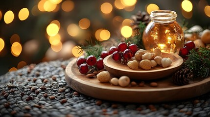 Warm and inviting countryside bar scene with a wooden plate on a textured table surrounded by a cozy arrangement of pine cones berries
