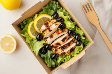 Fresh salad with grilled chicken slices, lettuce, black olives, lemon, and arugula in a cardboard box. Wooden fork, olive oil, and minimal table setting emphasize healthy eating. Generative AI.