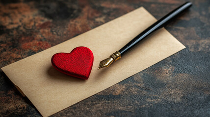 A paper envelope, a red heart, and an ink pen. Valentine's Day.