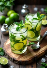 Two lime and mint drinks on wooden board with silver spoon